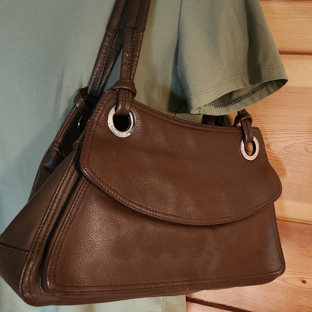Vintage Anne Klein Chocolate Brown Leather Shoulder Bag with Silver Accents
